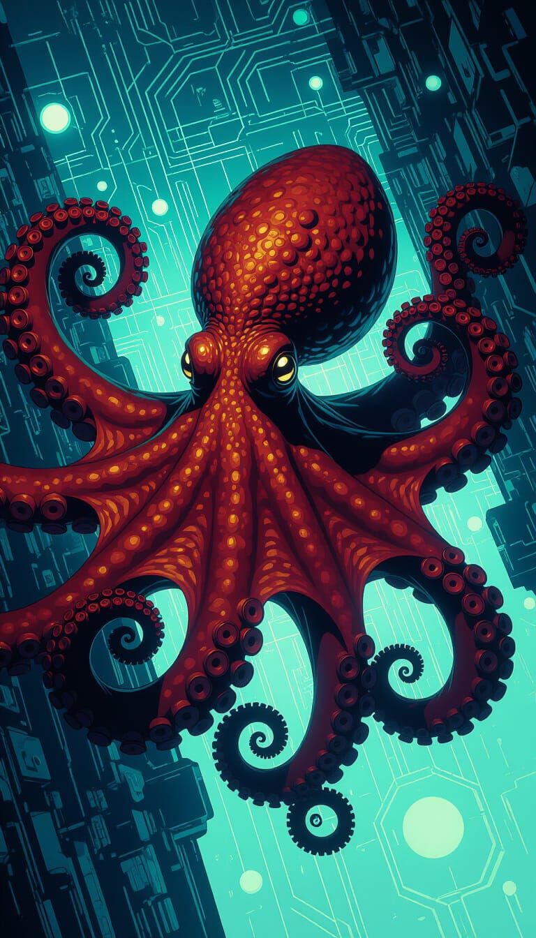 Octopus Amidst Glowing Circuitry in Digital Painting Style