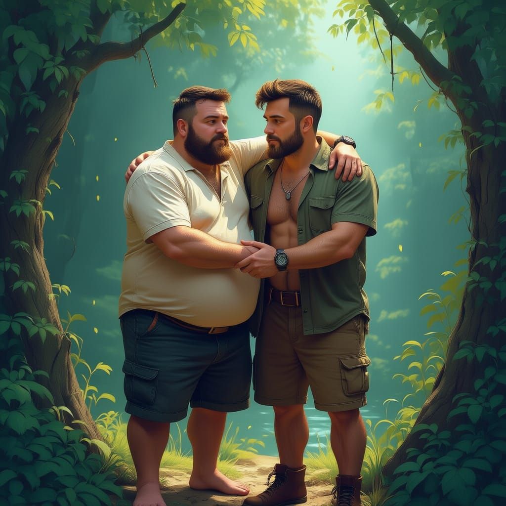 Two Men Embracing in Enchanted Forest
