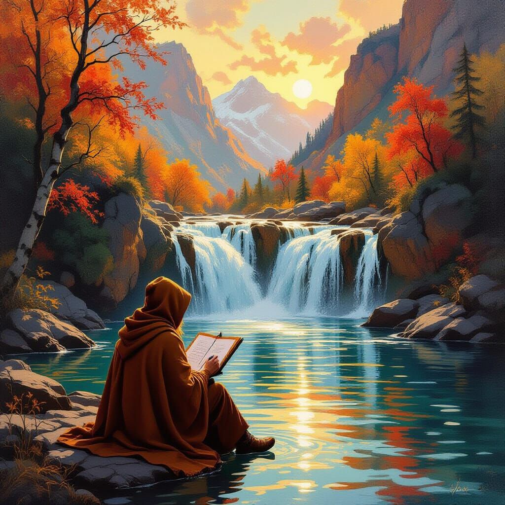 Traveler Sketches Mountain Cascade in Golden Hour Oil Painti...