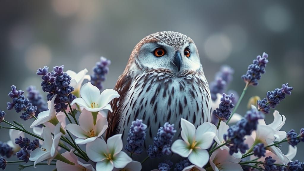 Hyperrealistic Owl with Flowers and Bokeh Lights