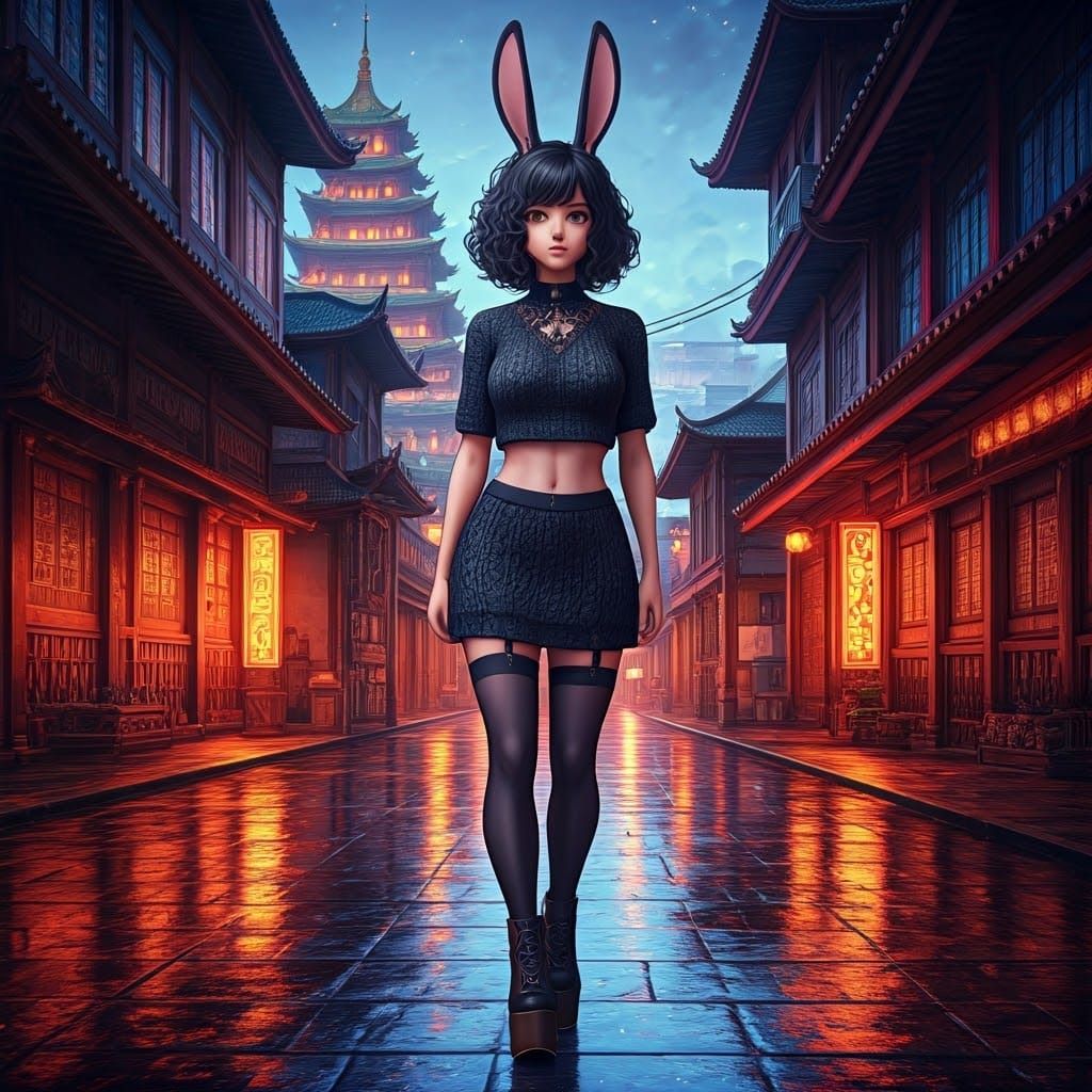 Gothic Bunnygirl in Bangkok: 3D Anime Art