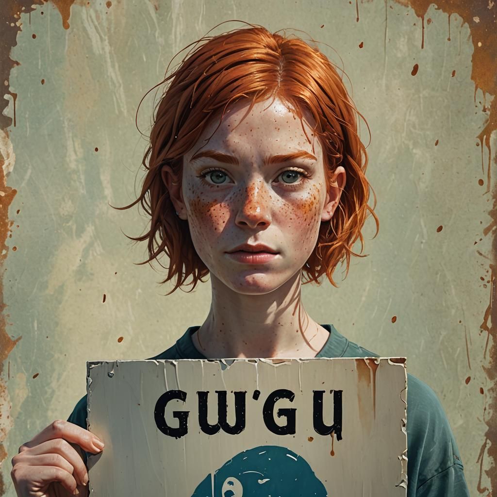 Redhead Holding Sign: Hyperrealistic Splash Art Portrait