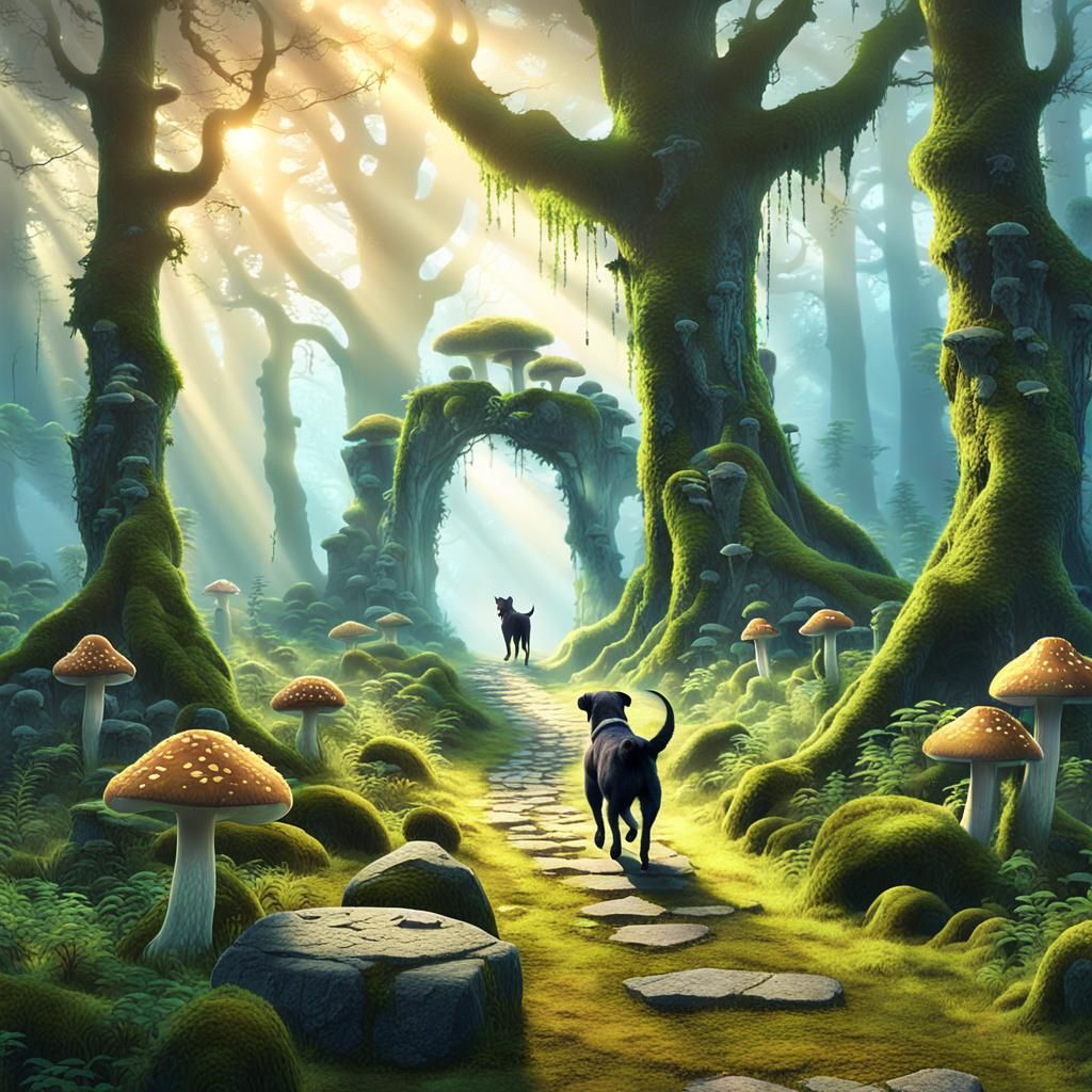 Dog Walks Mystical Forest Path in Digital Painting