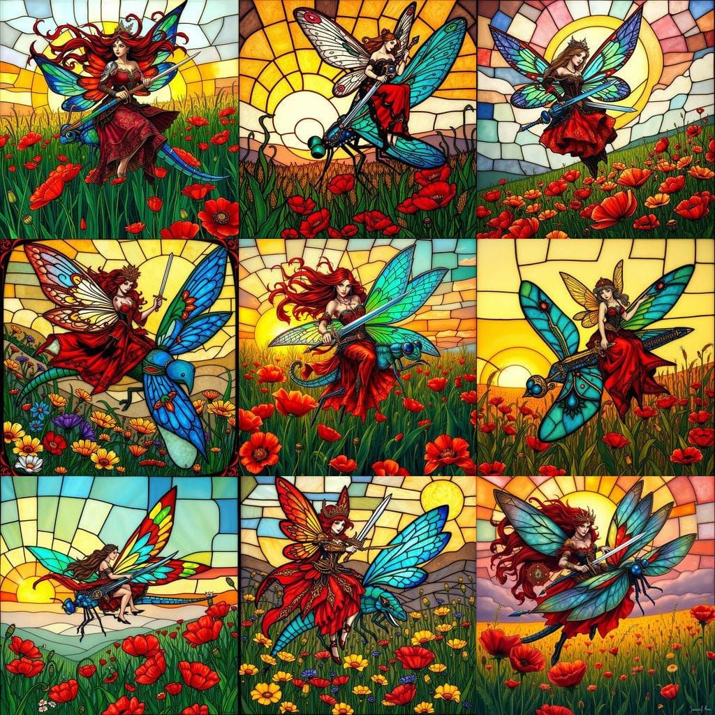 Sunrise Fairy Queen Rides Dragonfly across Vibrant Poppy Fie...
