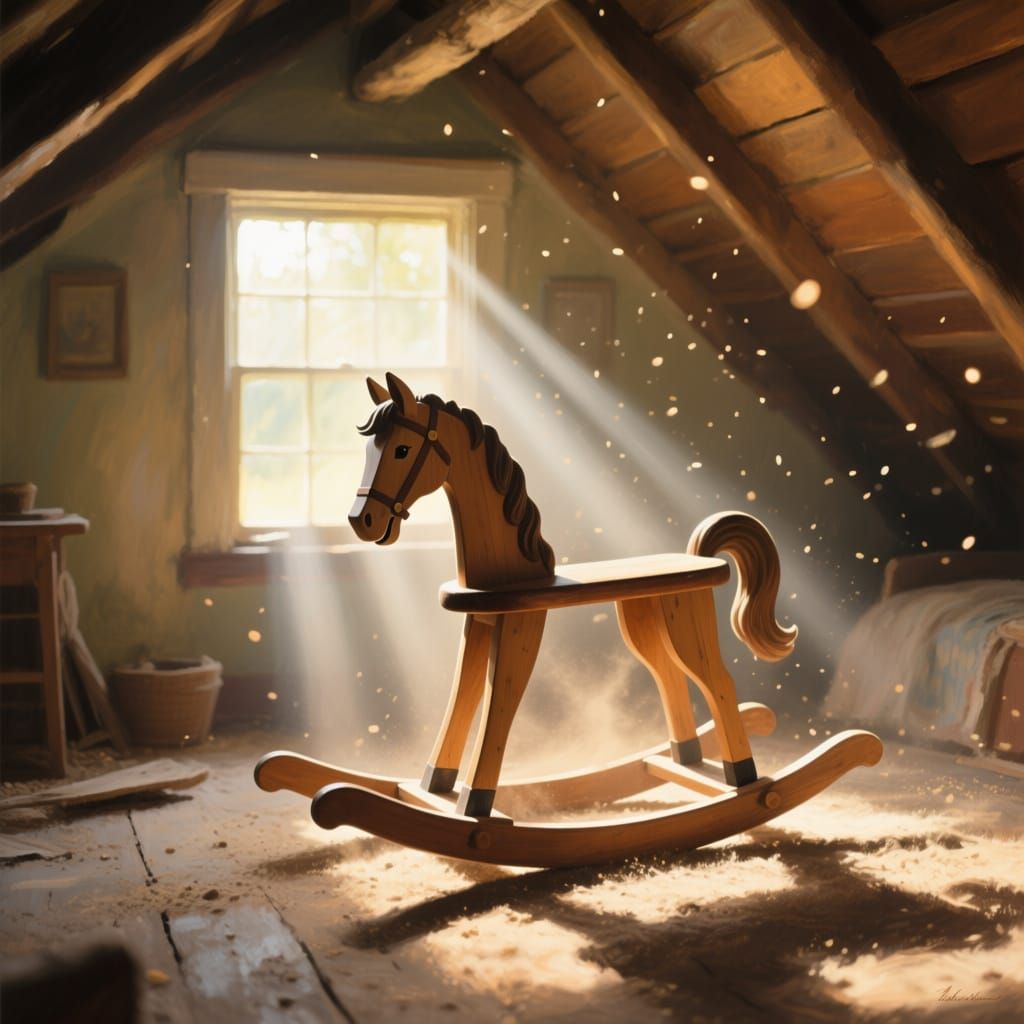 Nostalgic Wooden Rocking Horse in Sunlit Attic