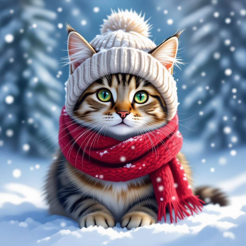 Cute Winter Cat in Watercolor Digital Painting