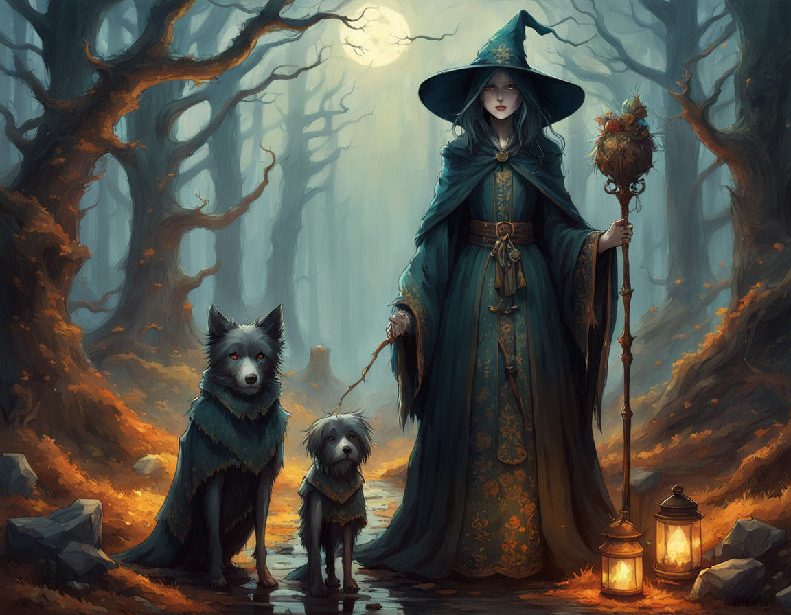 Mystical Anime Witch with Faithful Canine Companion
