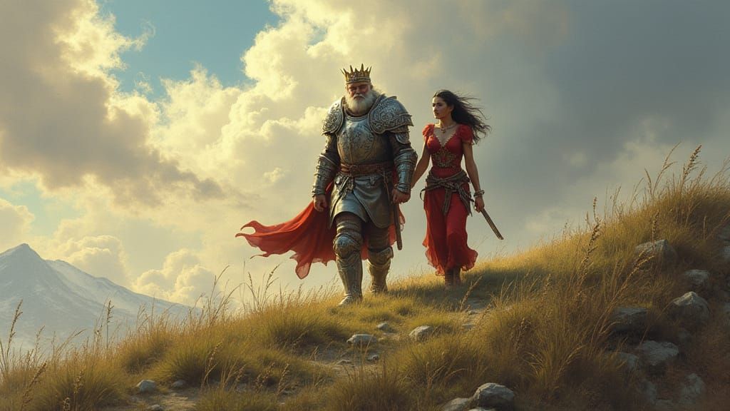 King and Lover Walk Hand-in-Hand on Windswept Hill