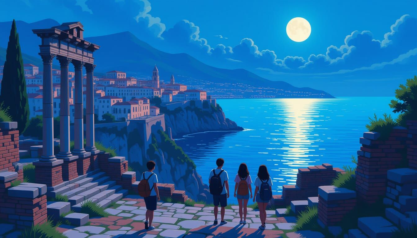 Moonlit Ruins: Tourists Explore Ancient History