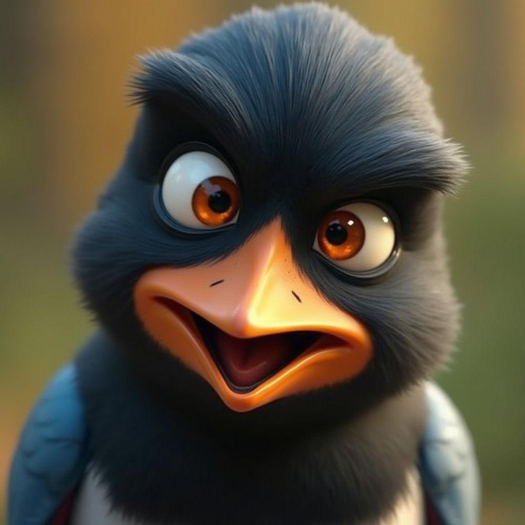 European Magpie Pixar Character with Cross-Eyed Expressions