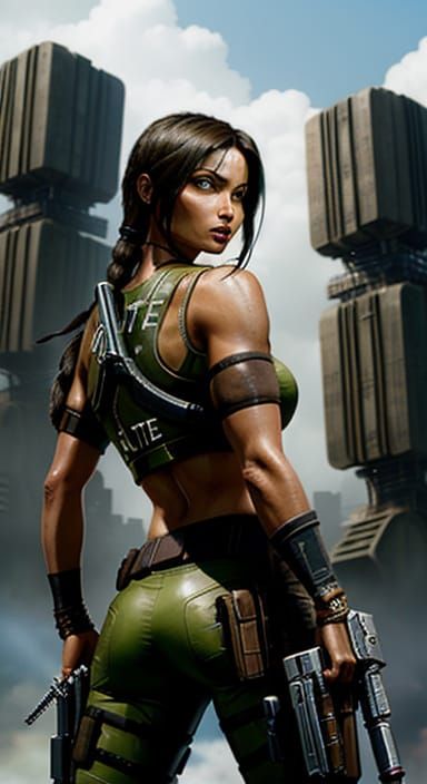 Futuristic Lara Croft in Brutalist City