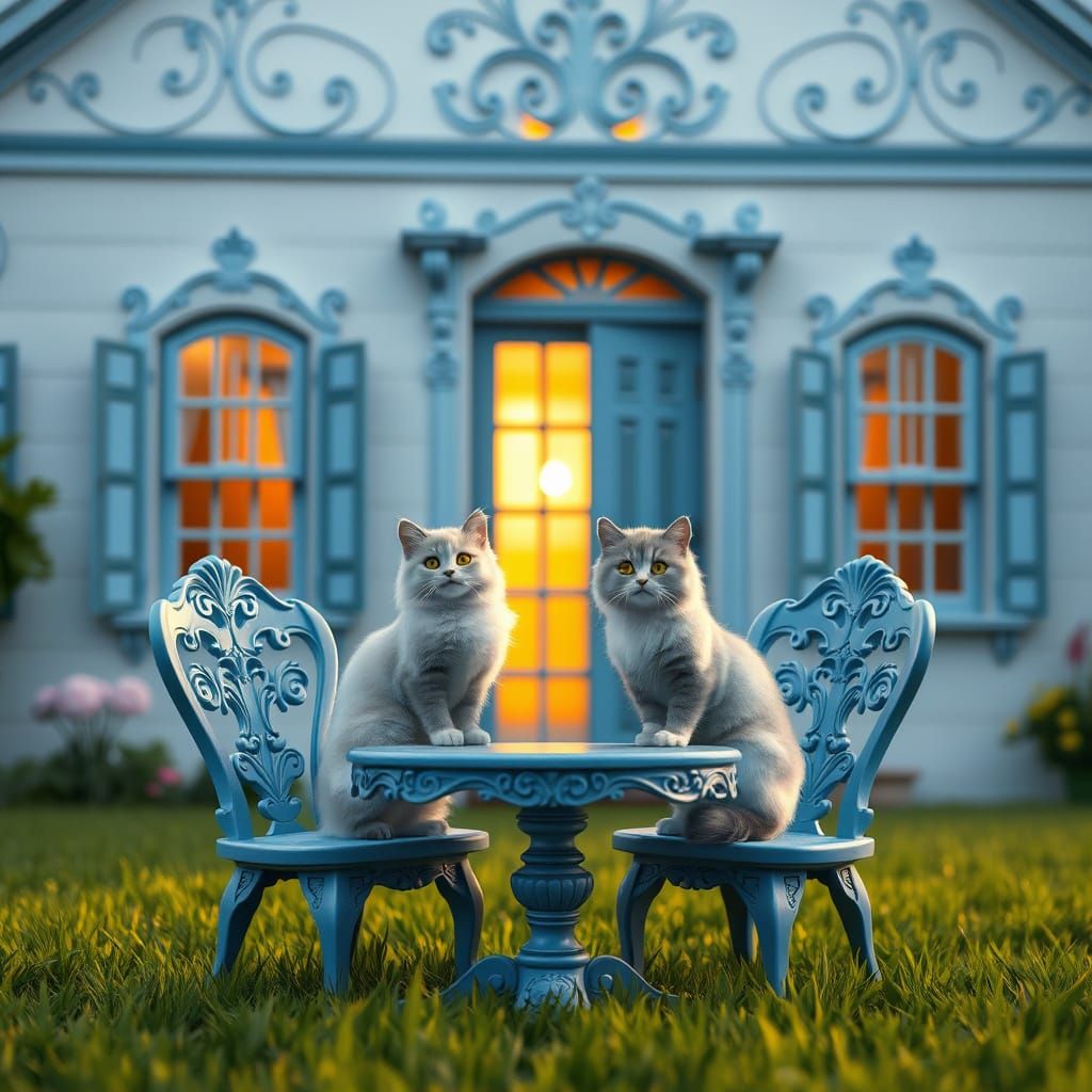Whitewashed House with Regal Cats and Lush Lawn
