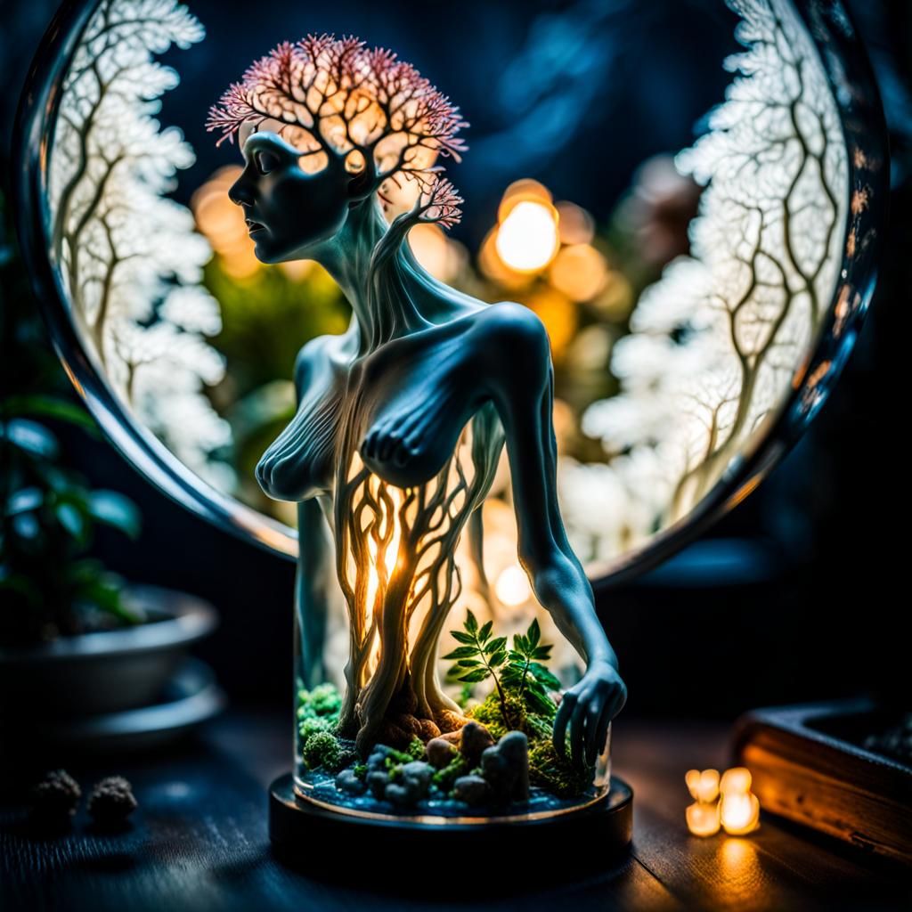 Miniature Human in Glass Terrarium with Ghosts