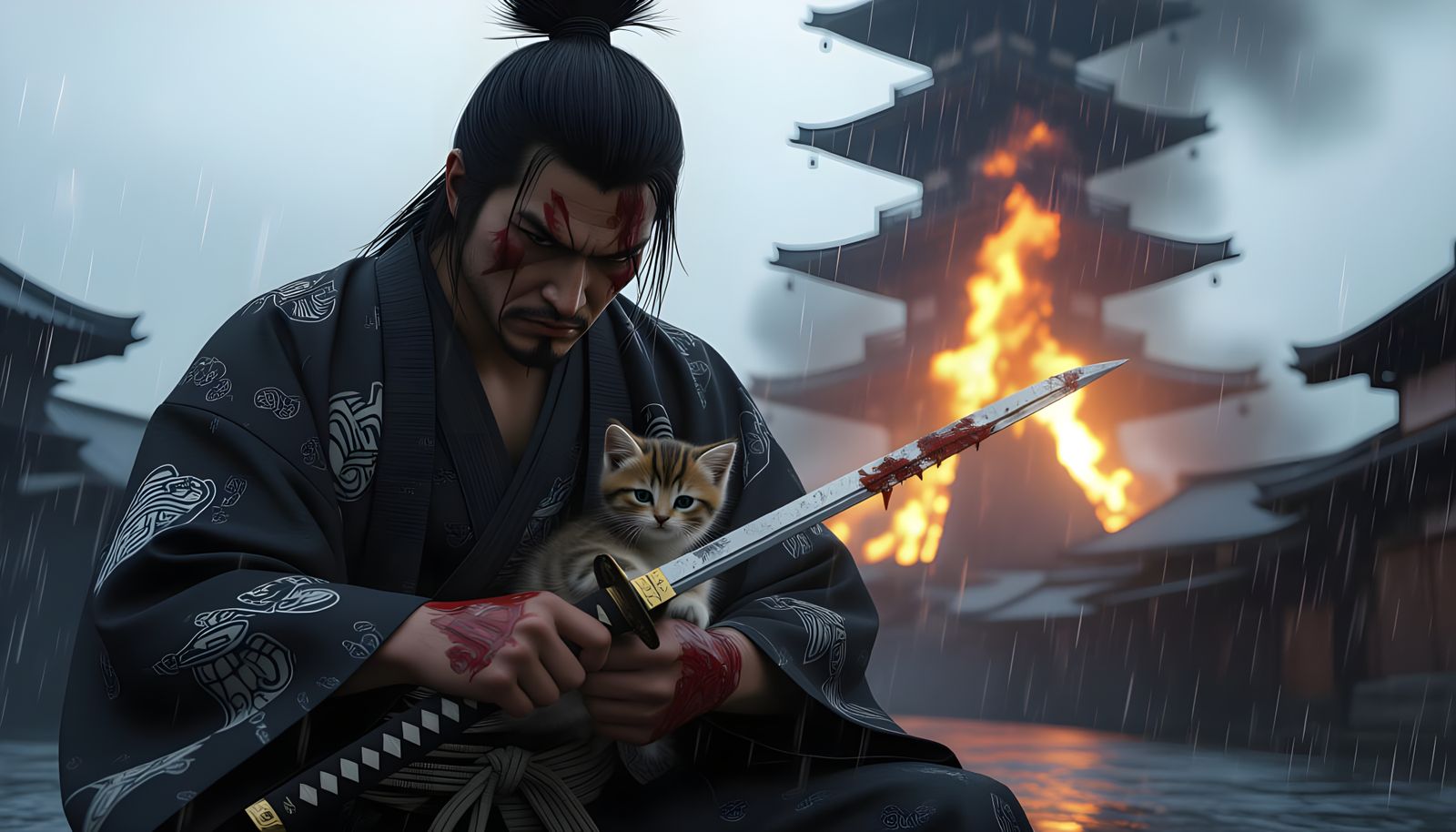 Injured Yakuza Shields Kitten Amidst Burning Tower in Rain