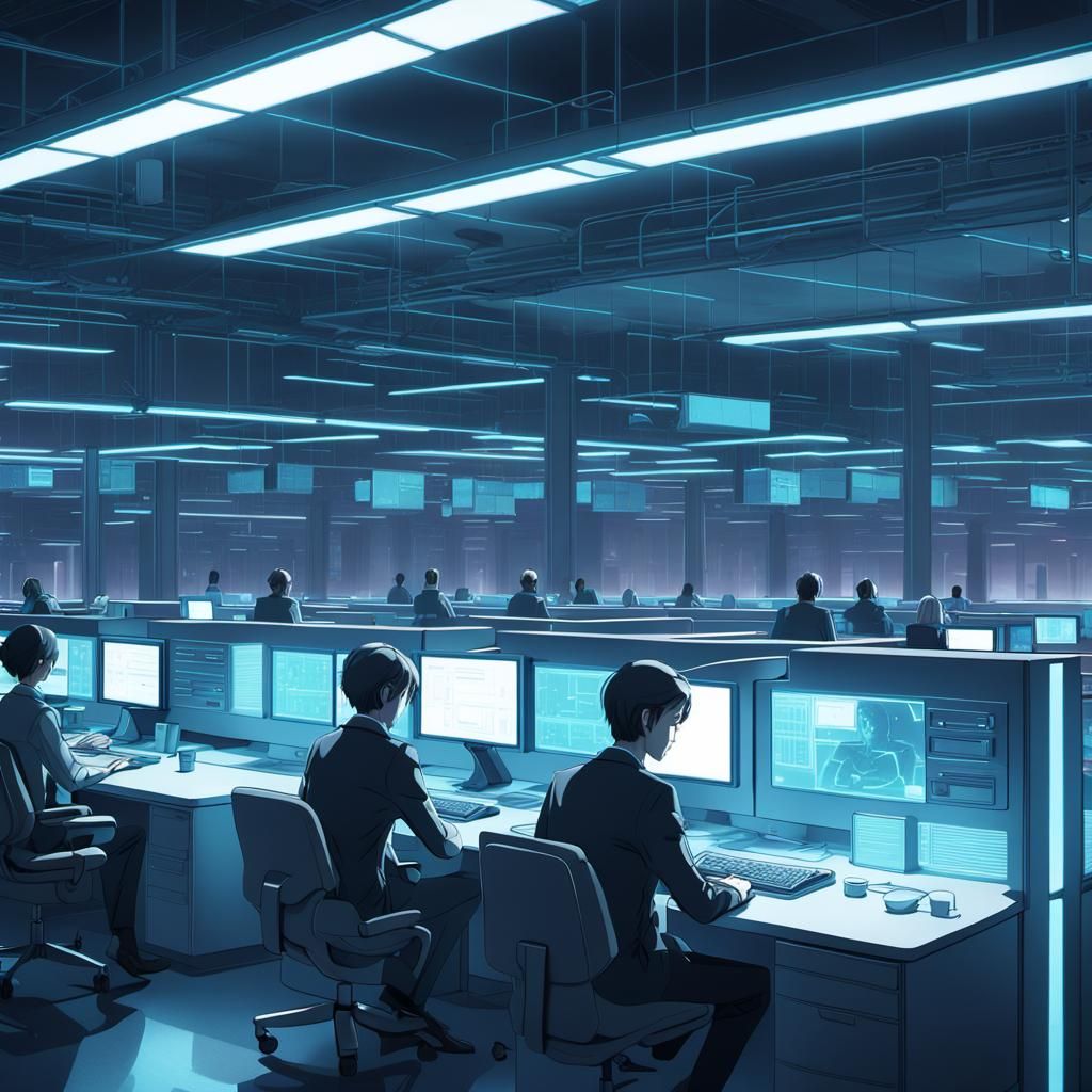 Melancholic Anime Office Scene in Future-Industrial Style