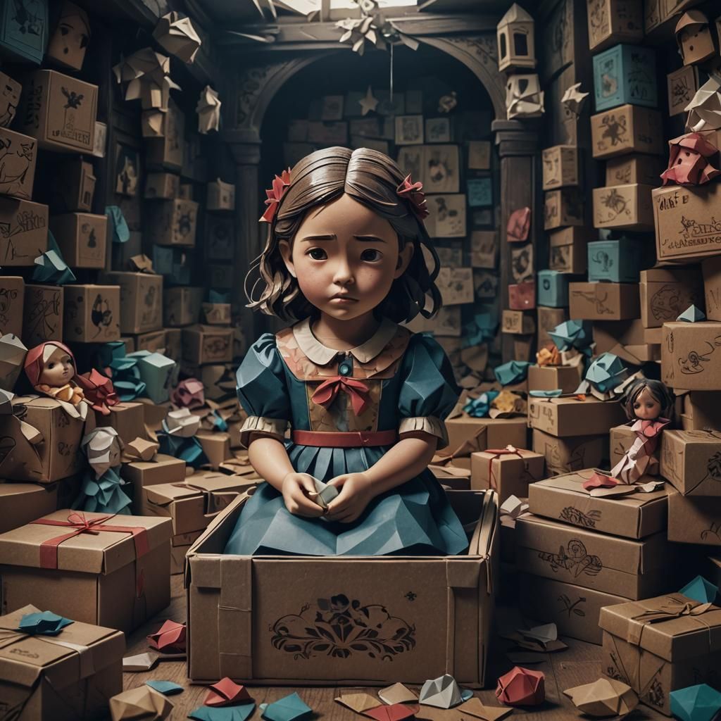 Sad Doll Cries with Origami Paper Folds