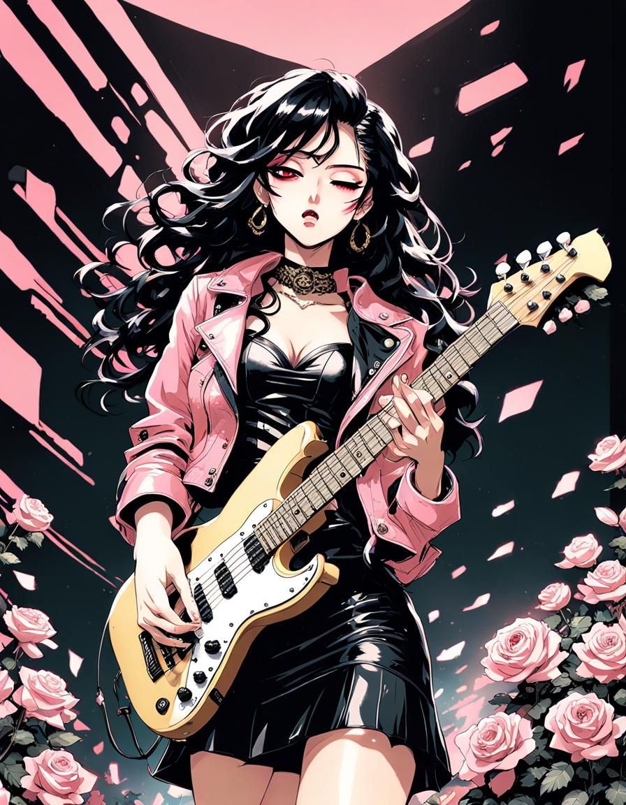 Anime video game, anime Rocker girl singing and playing the guitar. The guitar is golden colored bass guitar. The girl h...