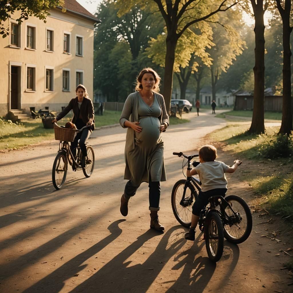 Tarkovsky-esque Village Scene with Approaching Cyclist