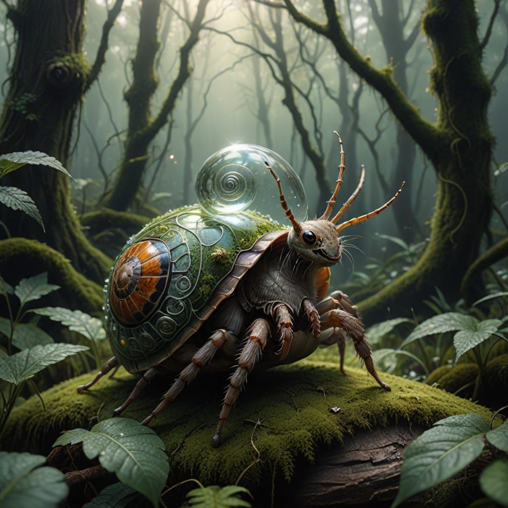 Magical Spider Soars in a Flying Snail through a Misty Fores...