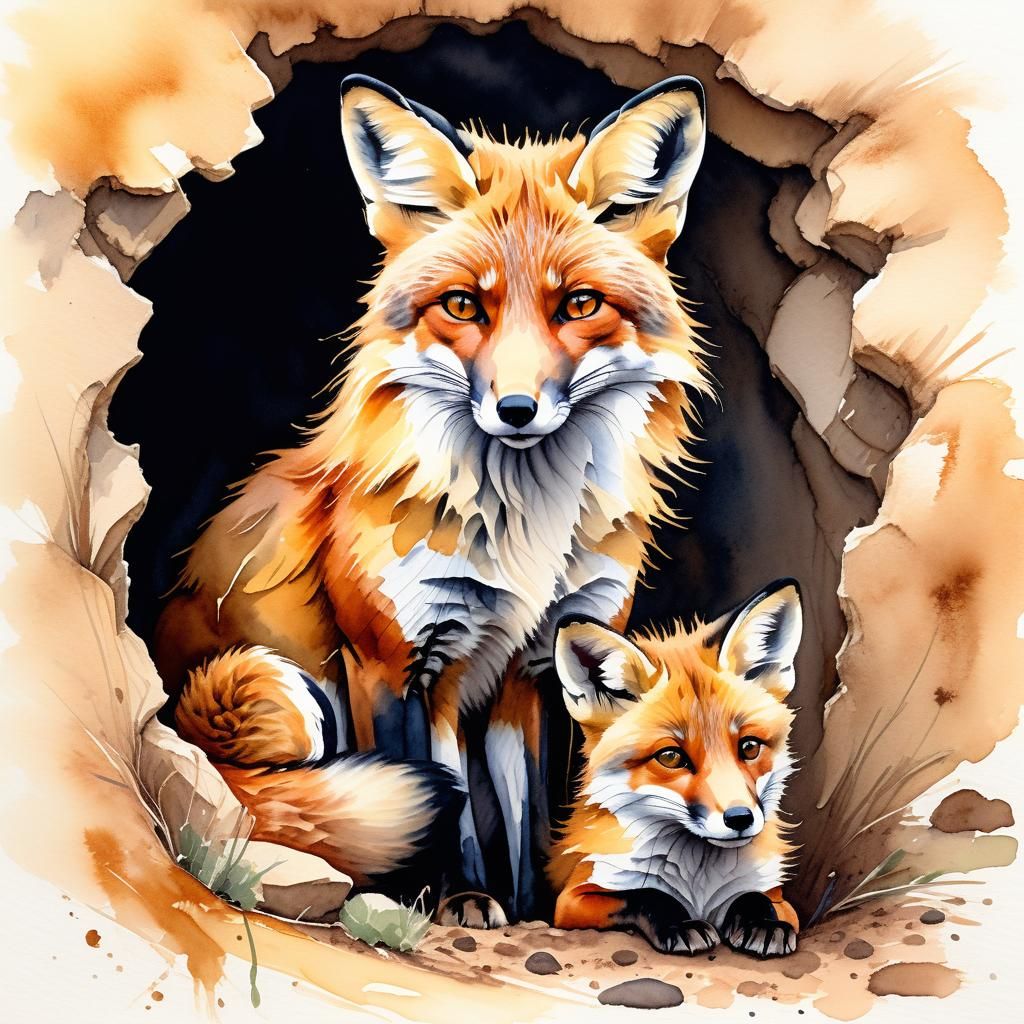 Watercolor Fox Family in Cozy Burrow