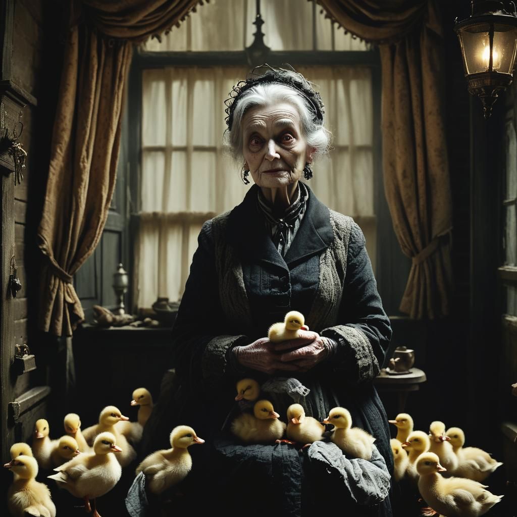 Victorian Woman with Ducklings in Burton-esque Style