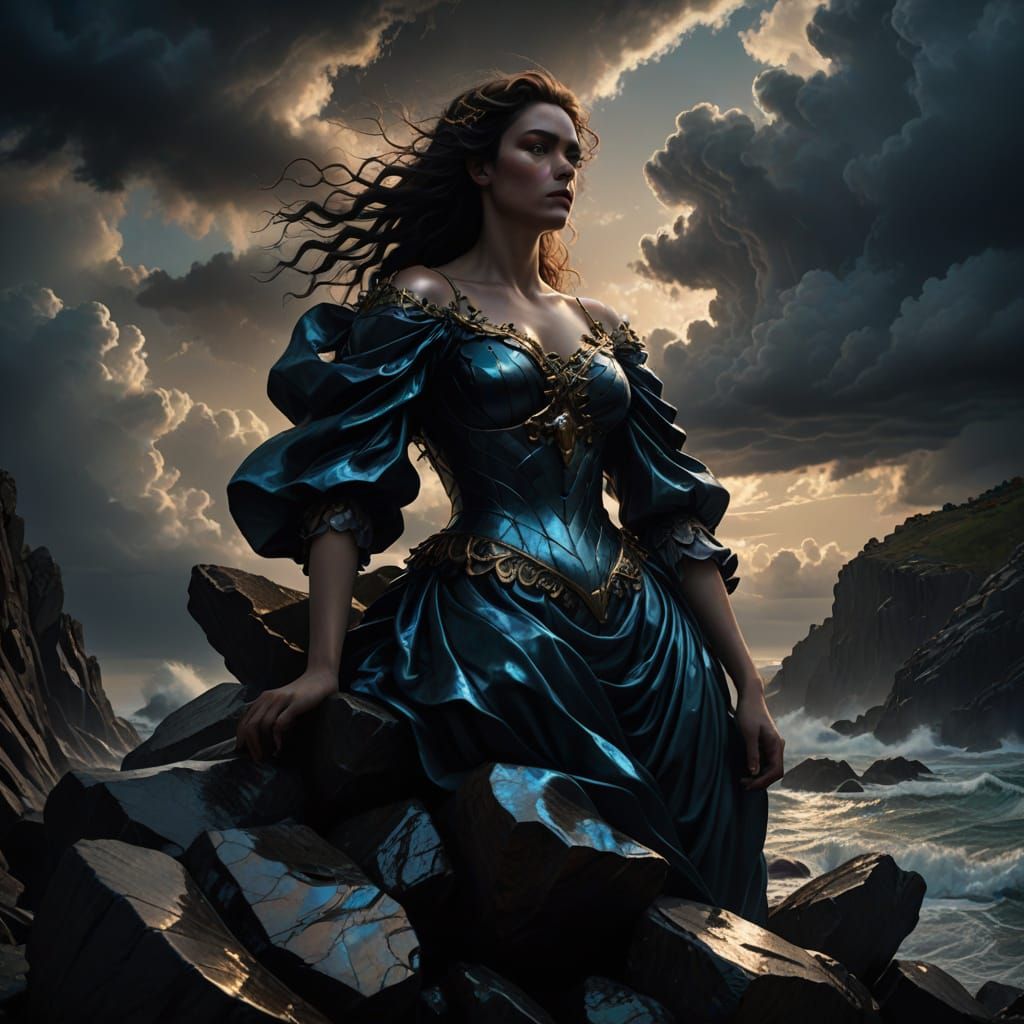 Mysterious Siren on Stormy Coast in Dark Fantasy Style