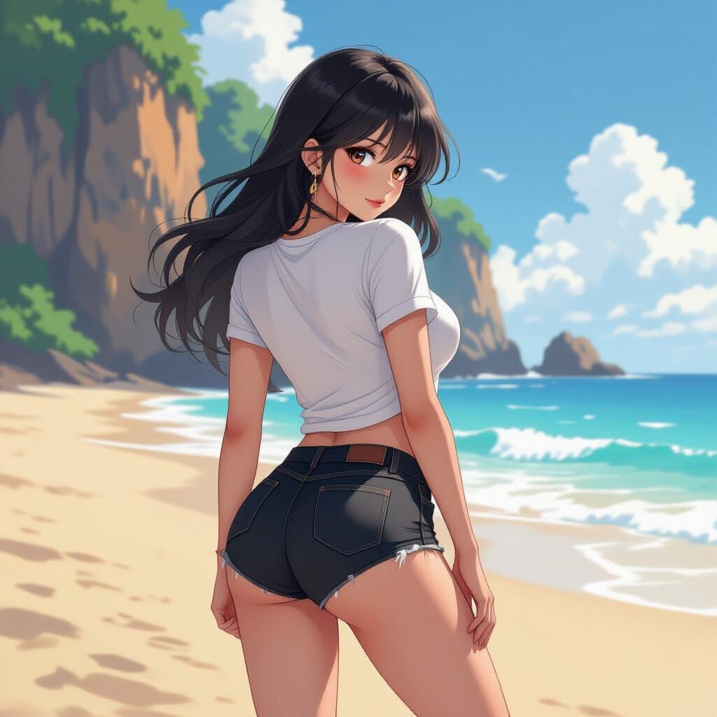 Anime Girl on Beach Cliff in Vibrant Anime Style