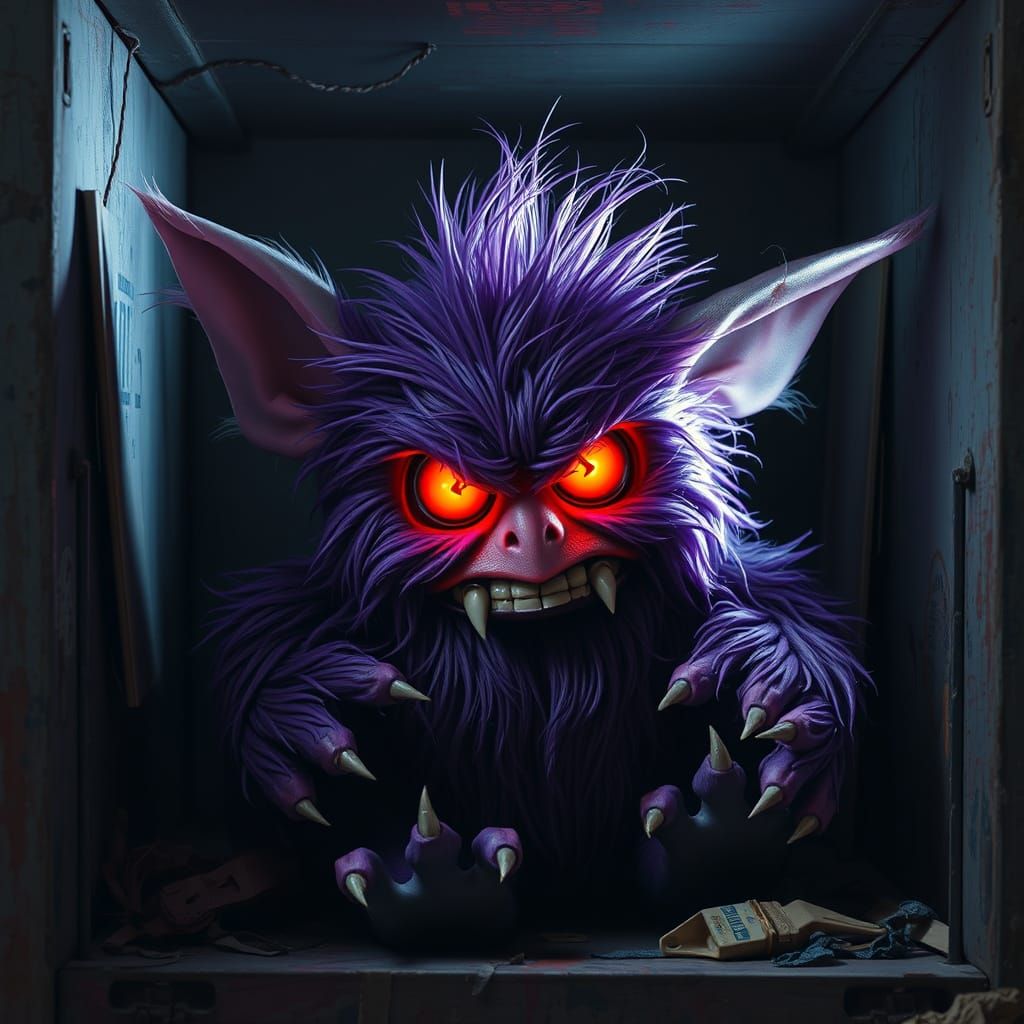 Menacing Furby in Toy Box, Horror Cyberpunk Style
