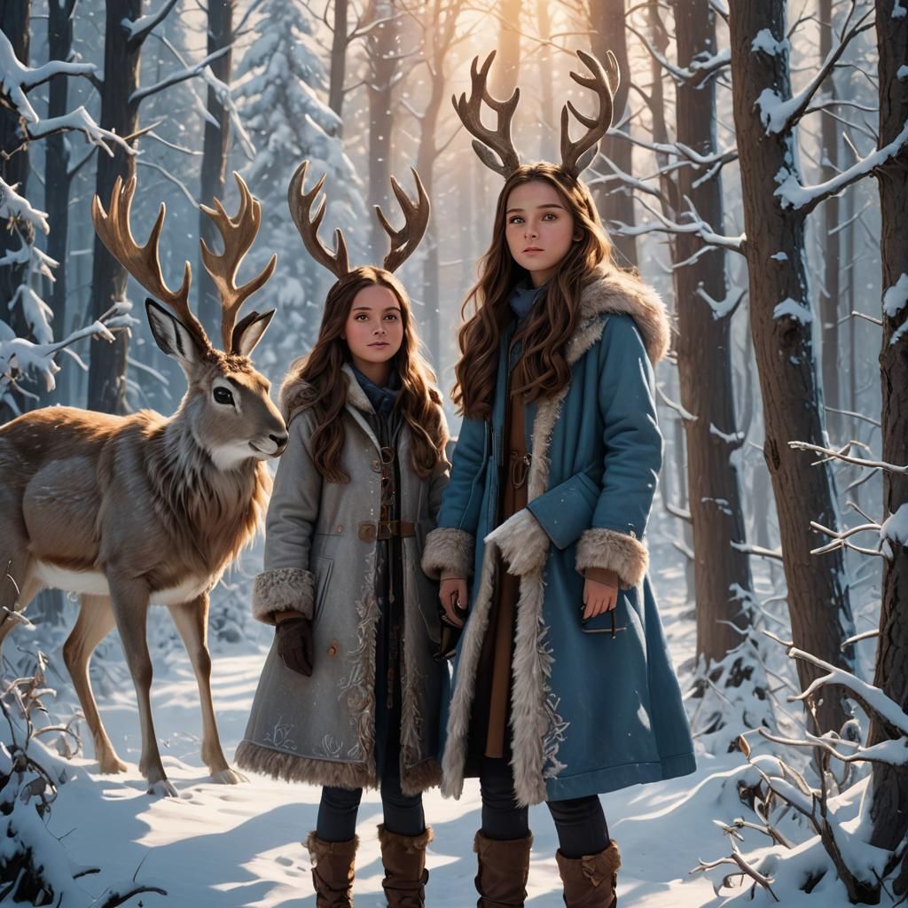 Girl and Jackalope in Winter Forest: Fantasy Art