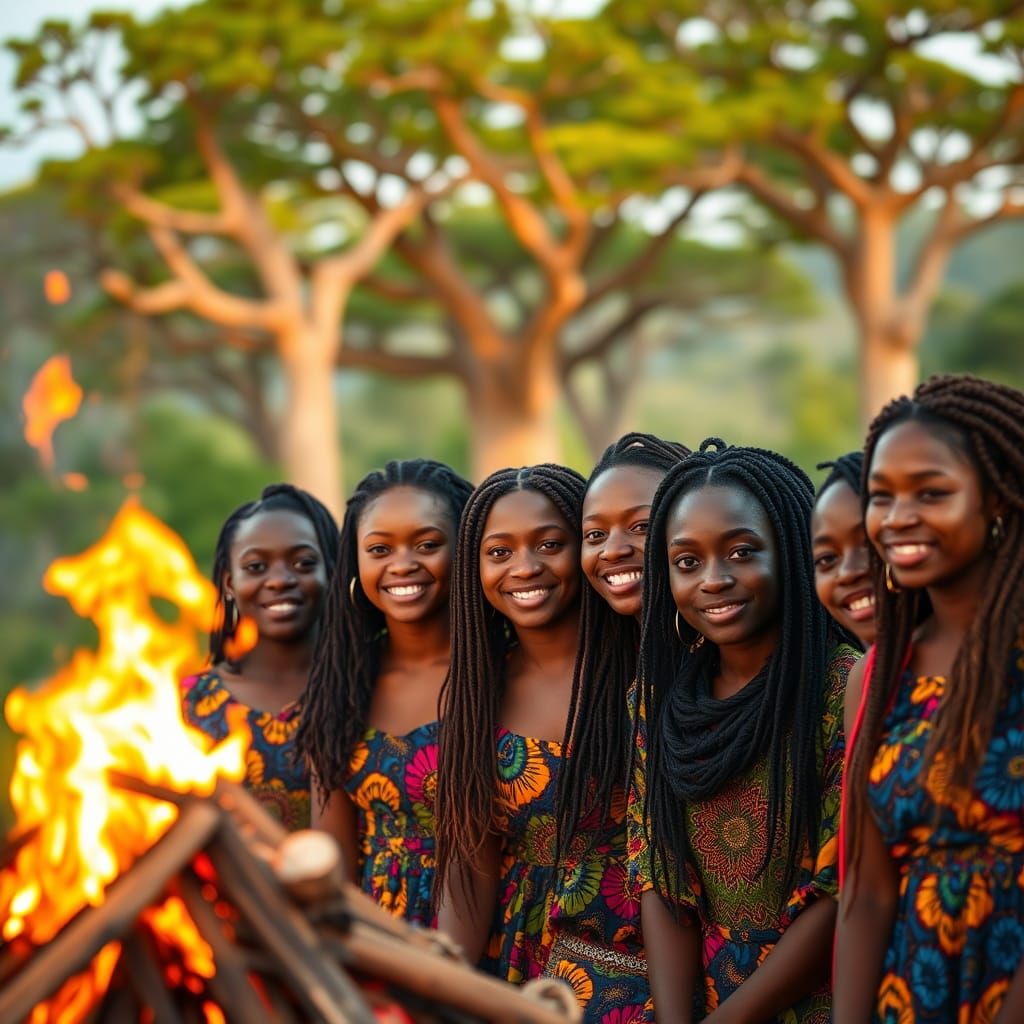 Bonfire Celebration: Students in Vibrant African Landscape