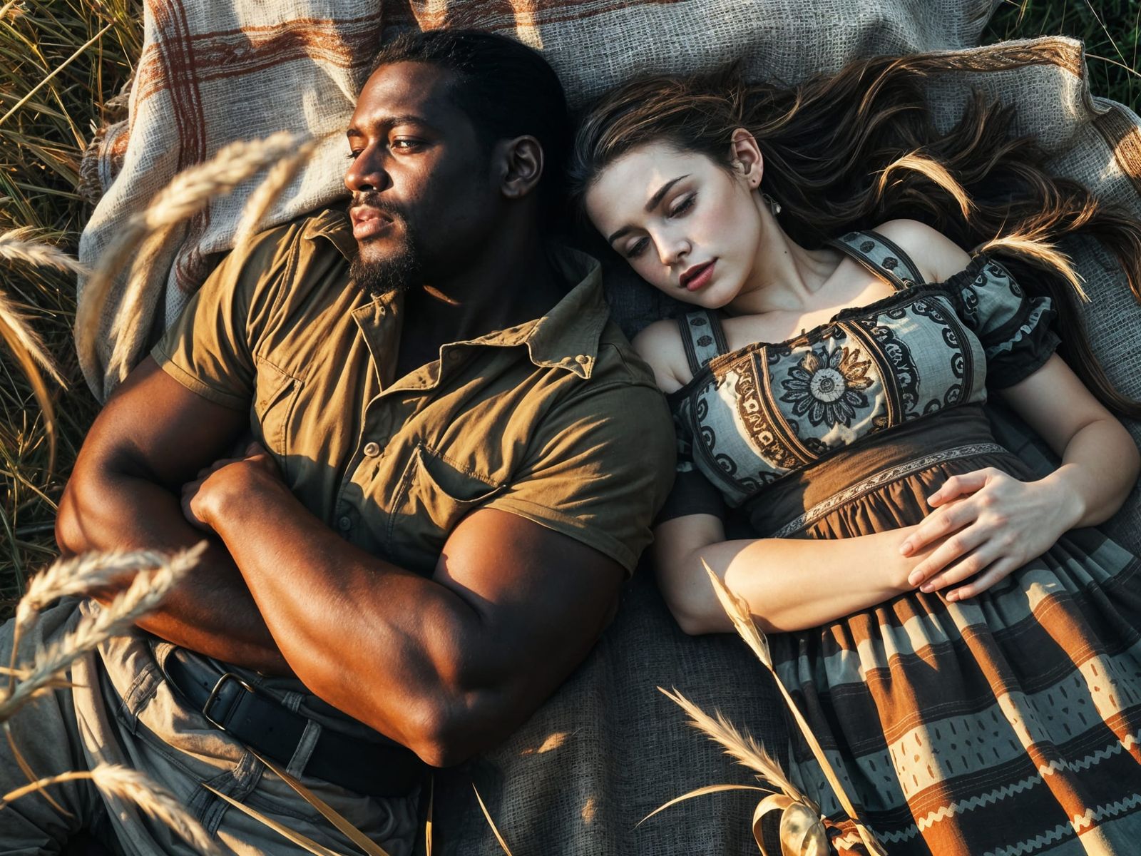 Hyperrealistic Colonial Couple Napping in the Grass