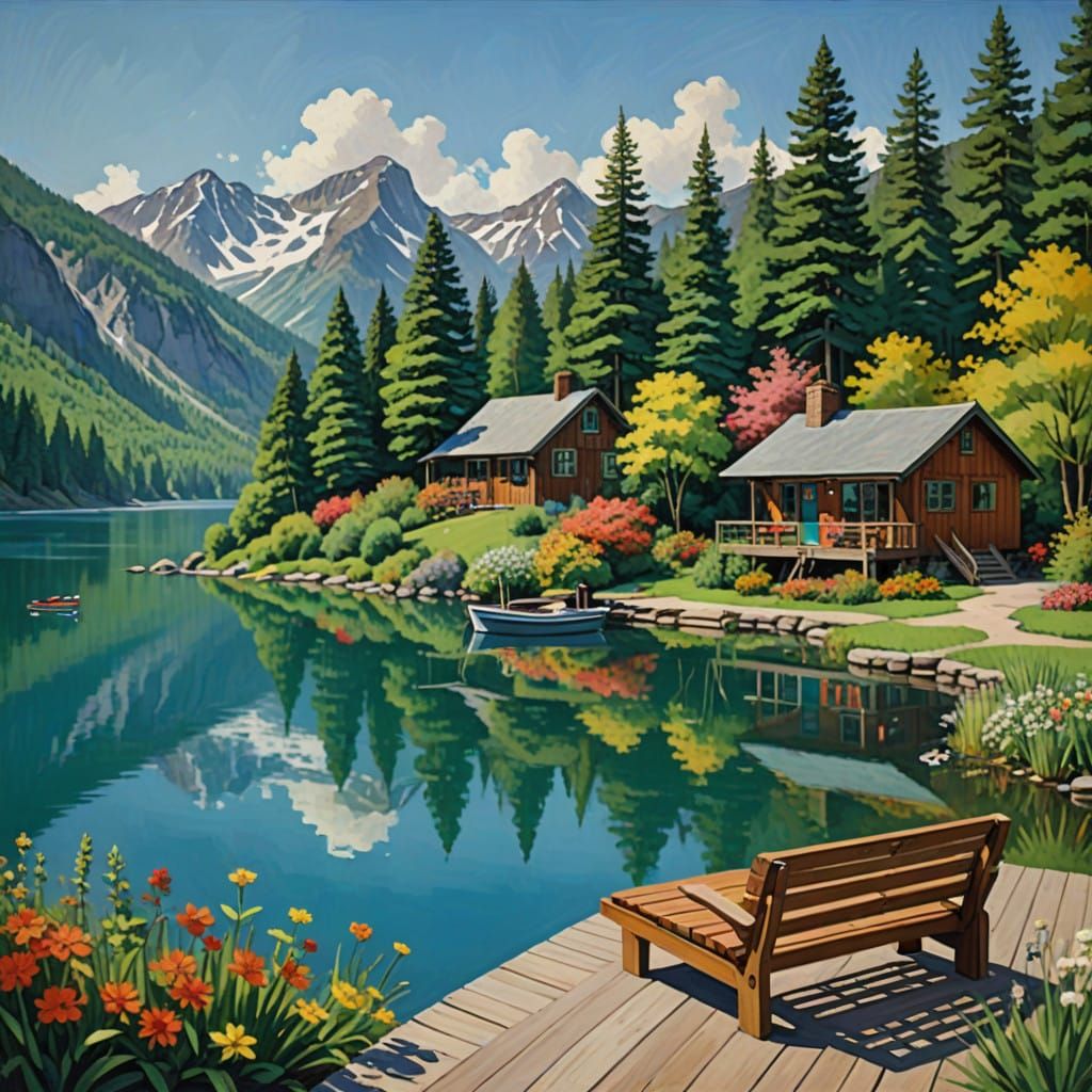 Idyllic 1960s Mountain Lake Resort in Whimsical Watercolor S...