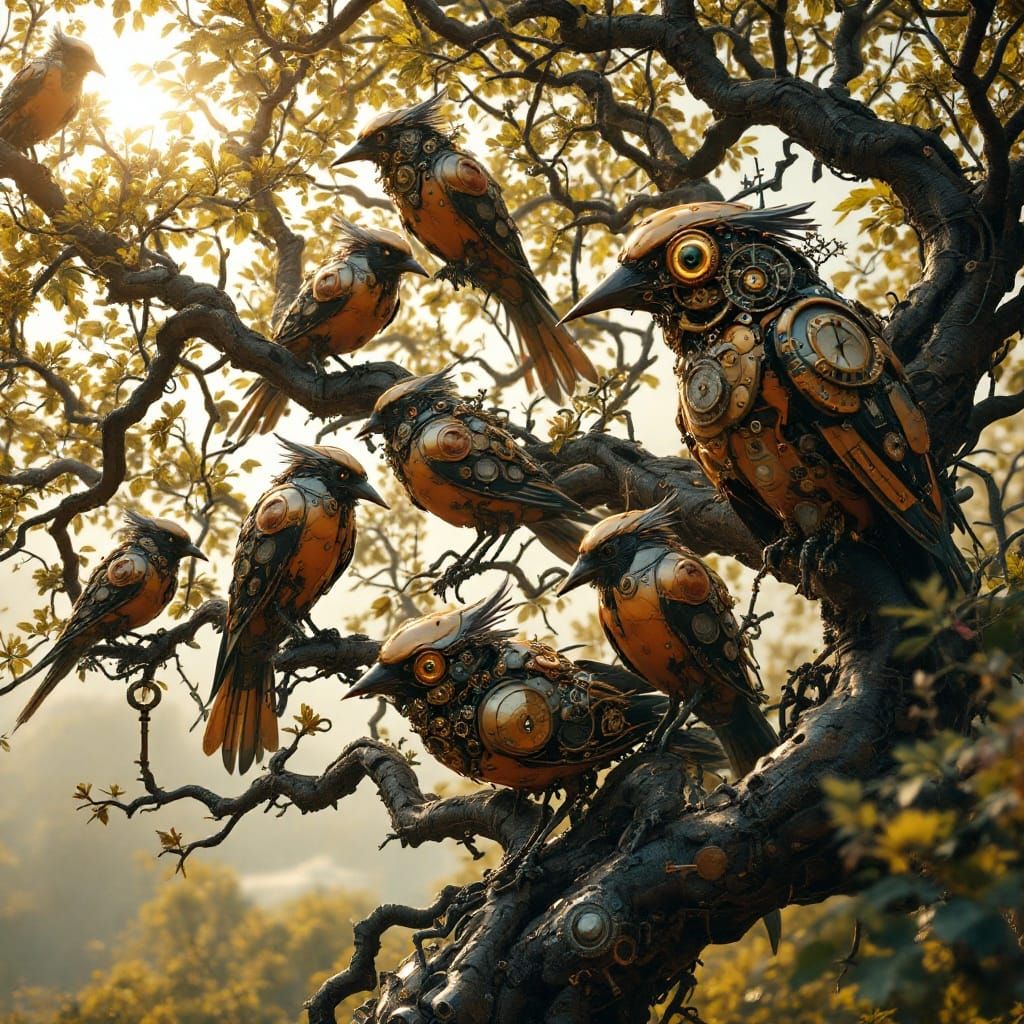 Steampunk Robot Birds Perched on Majestic Tree in Golden Lig...