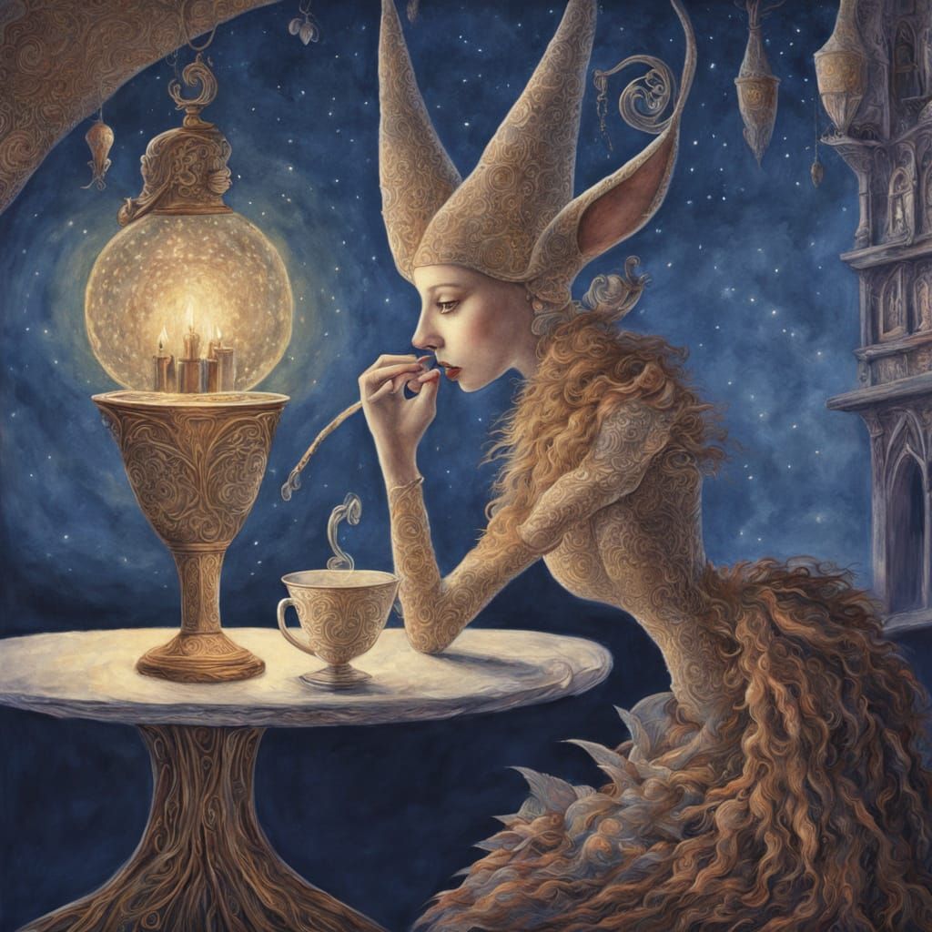 Elf Sips Drink in Mystical Night Cafe