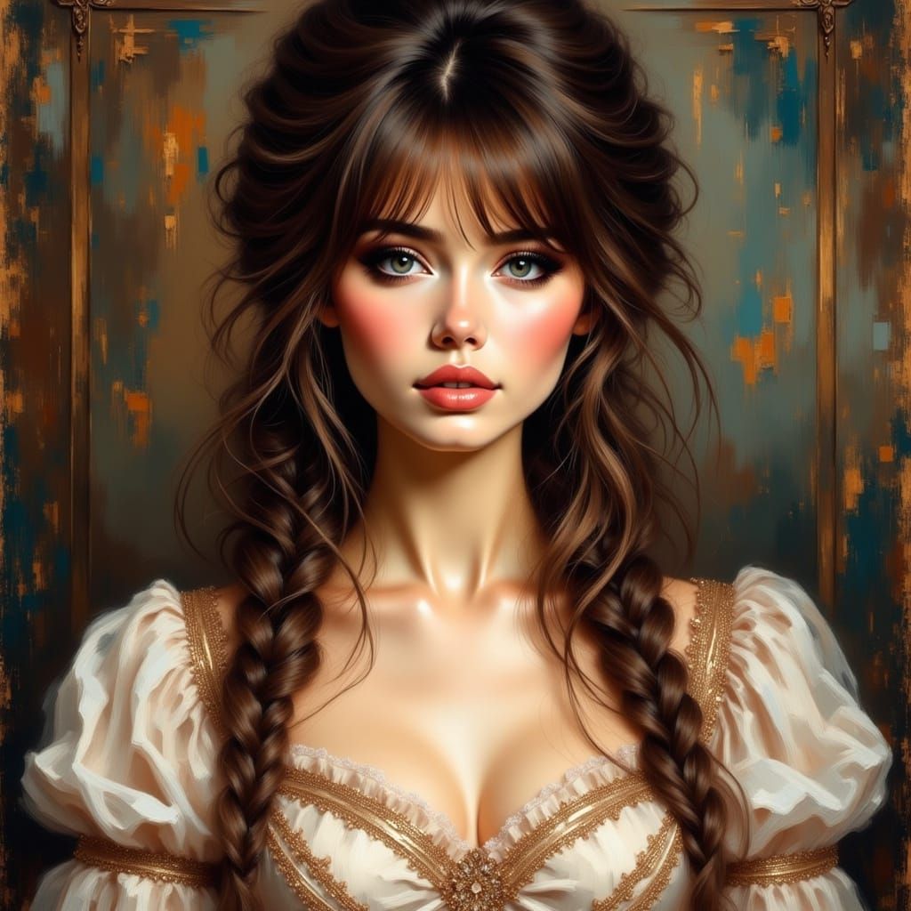 Gorgeous Woman in Antique Watercolor Style Oil Painting