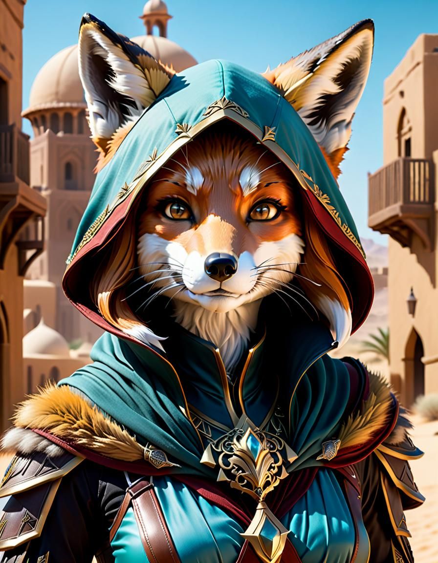 Fox Assassin: Detailed Fantasy Portrait in Desert City