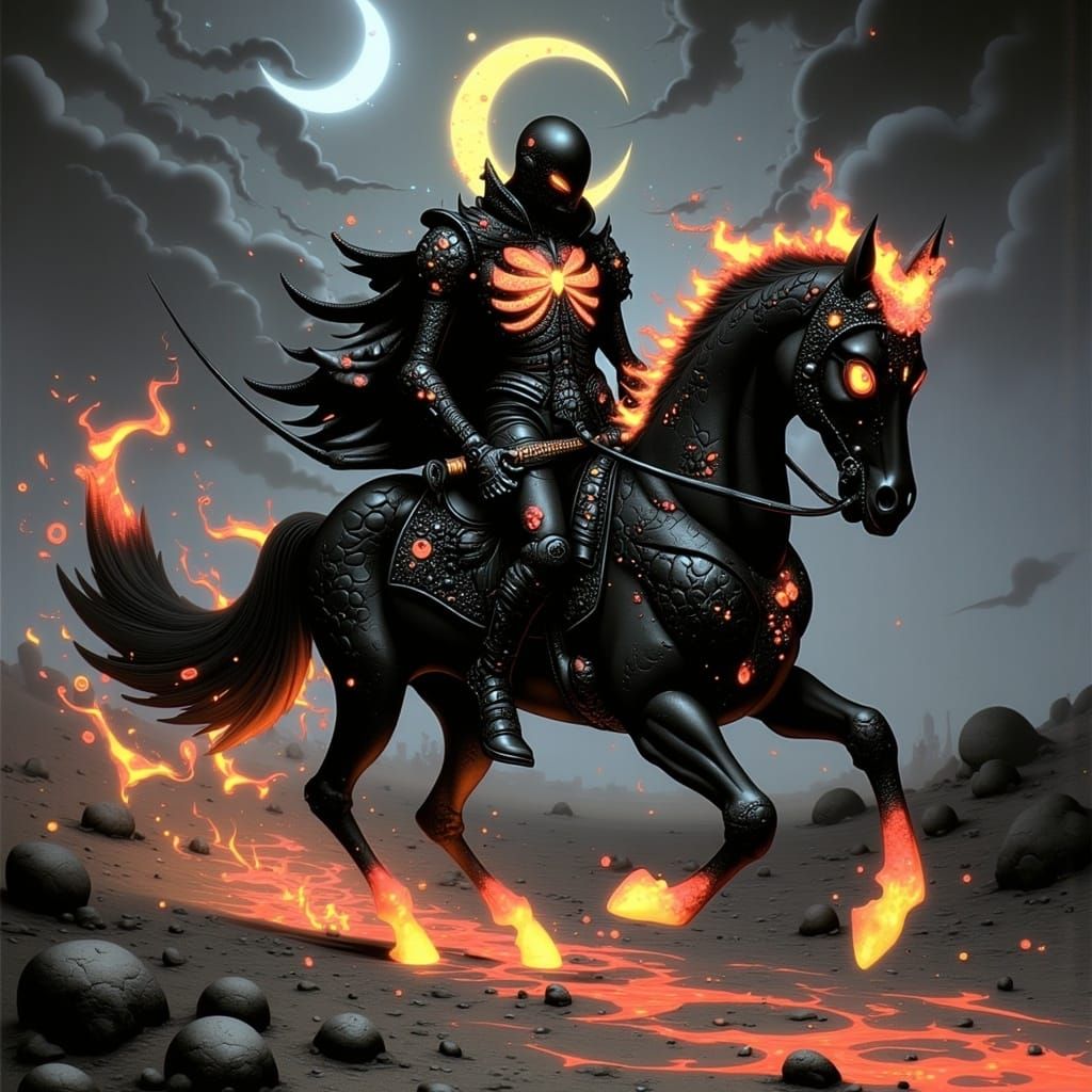 Surreal Cyberpunk Vengeance Spirit Rides Burning Horse Throu...