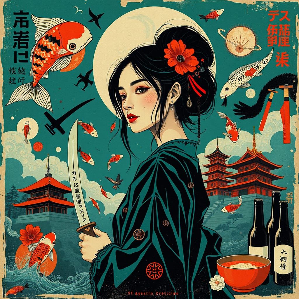 Japanese Noir Scene in Vintage Poster Style