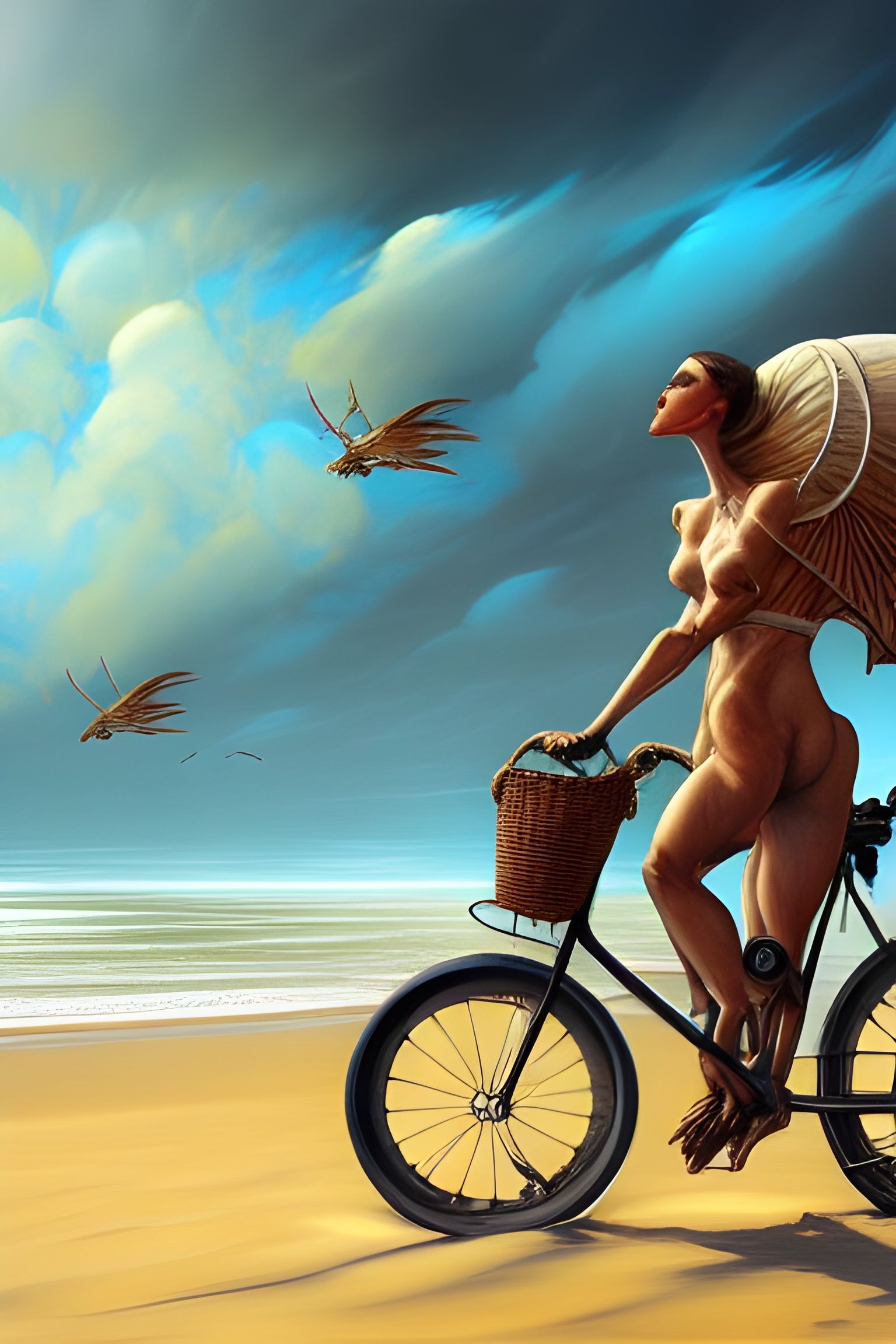 Bicycle Delivery on Misty Beach, Art Nouveau Style