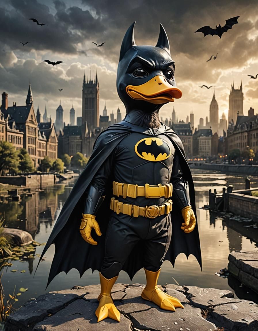 Animal Superhero Duck in Gotham Landscape