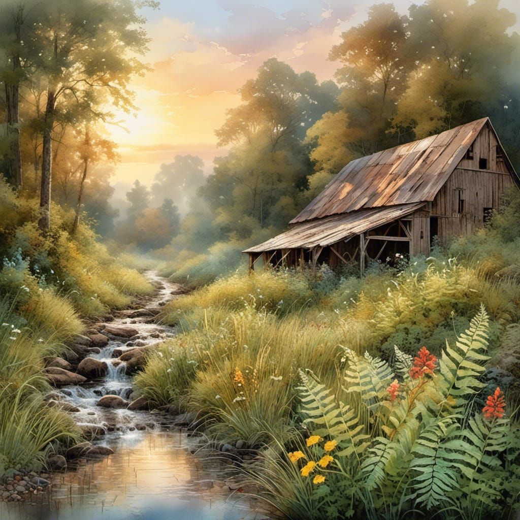 Misty Summer Sunrise Watercolor Painting