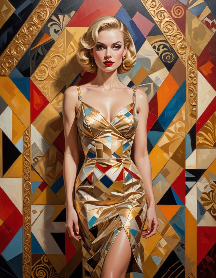 Glamorous Cubist Portrait of Blonde Woman in Gown