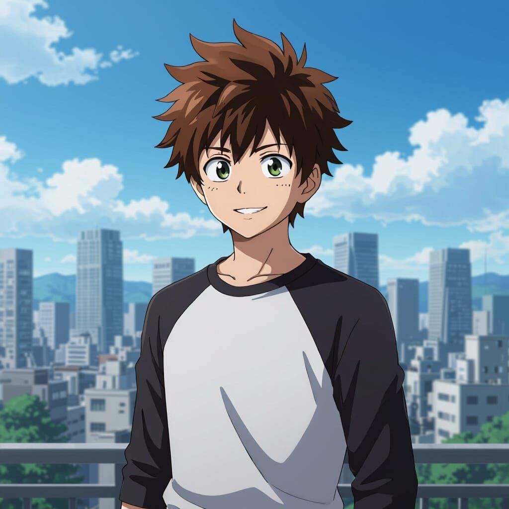 Anime Hero Stands Before City Skyline in Anime Style