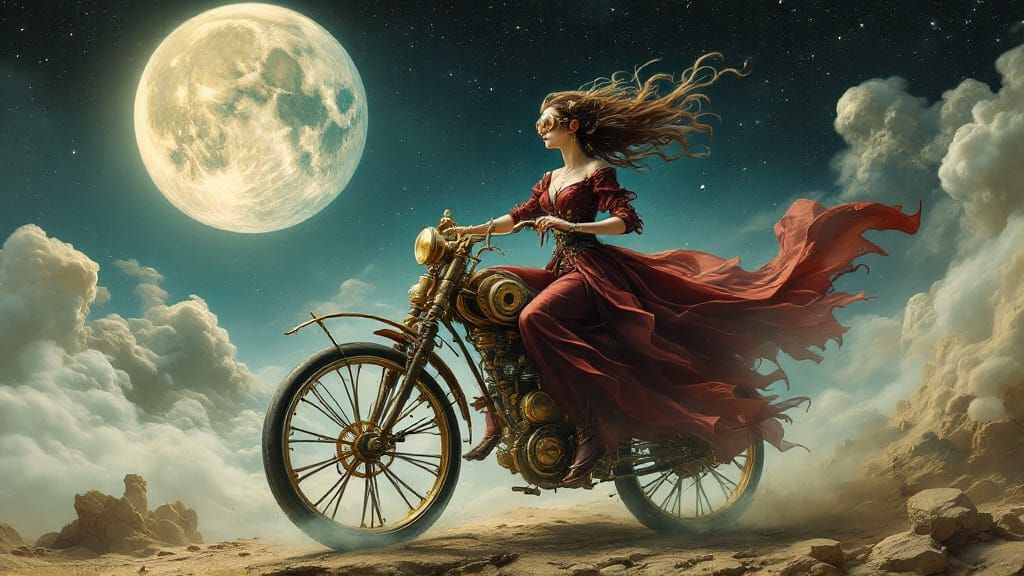 Elegant Steampunk Rider on a Mechanical Dream Bike
