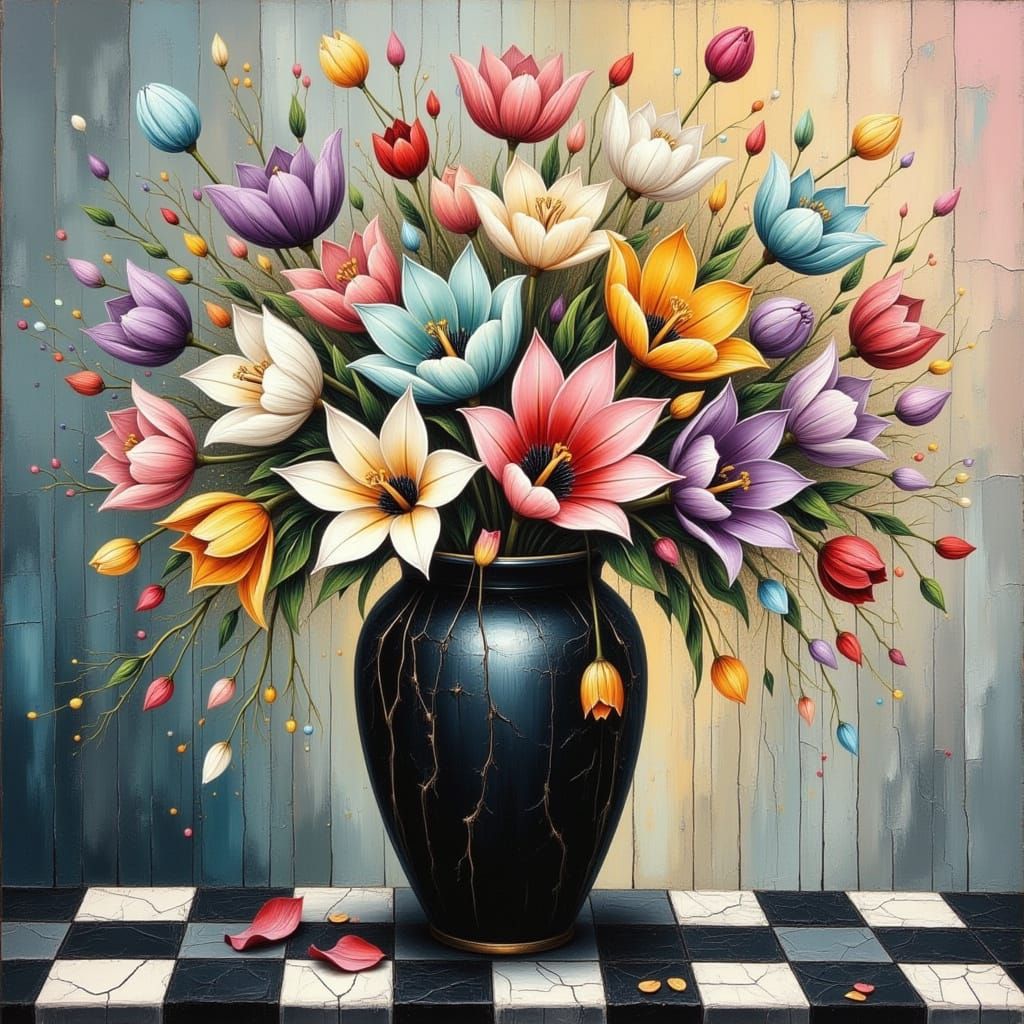Vibrant Tulips in Black Vase as Impressionistic Oil Painting