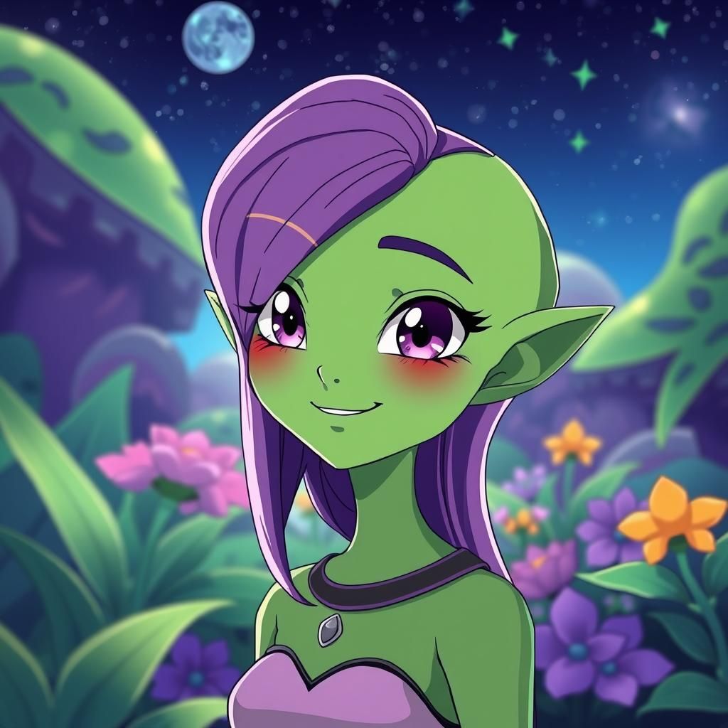 Green Alien Smiles in Intergalactic Garden, Anime Style