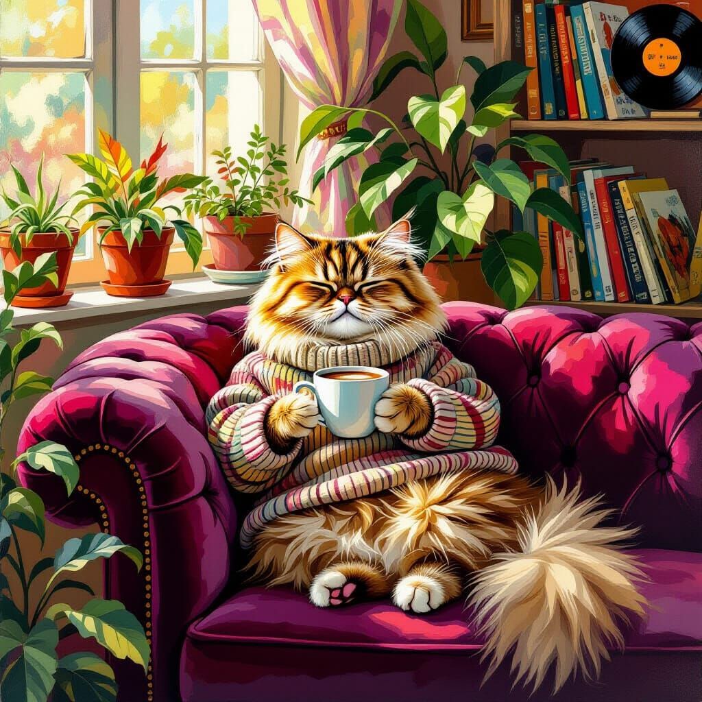 Persian Cat Sipping Latte in Neo-Impressionistic Style