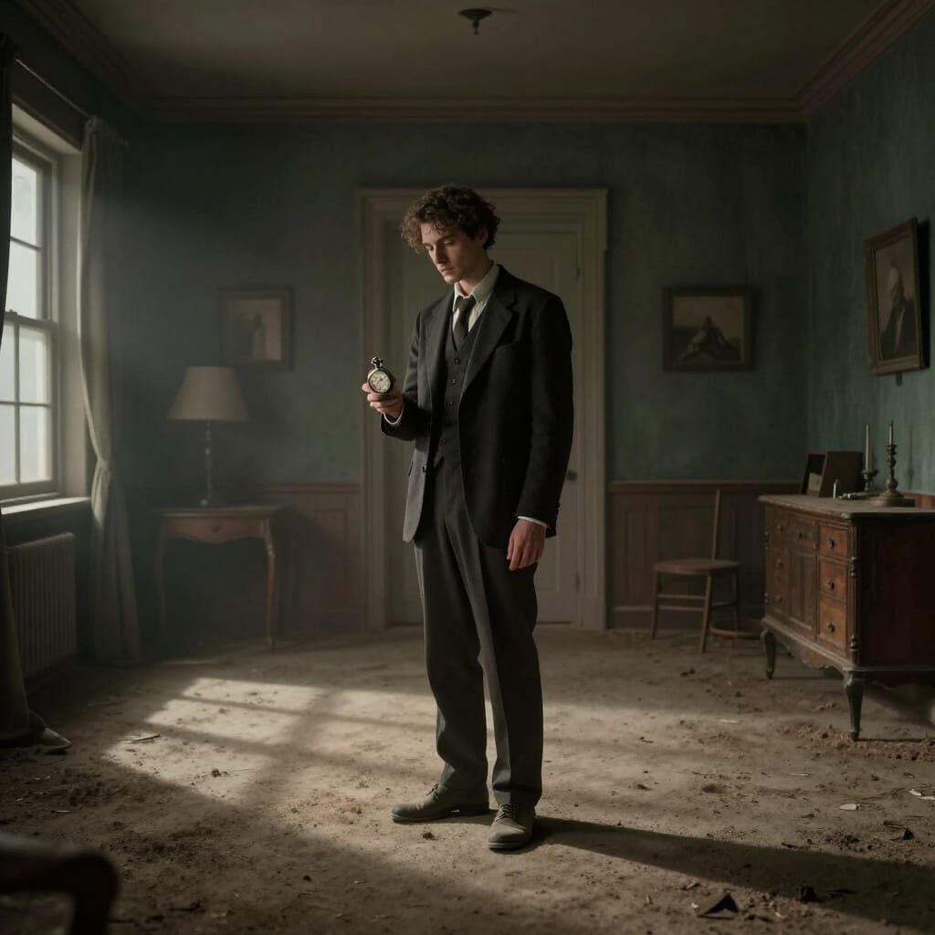 Melancholy Man in Dusty Home with Pocketwatch