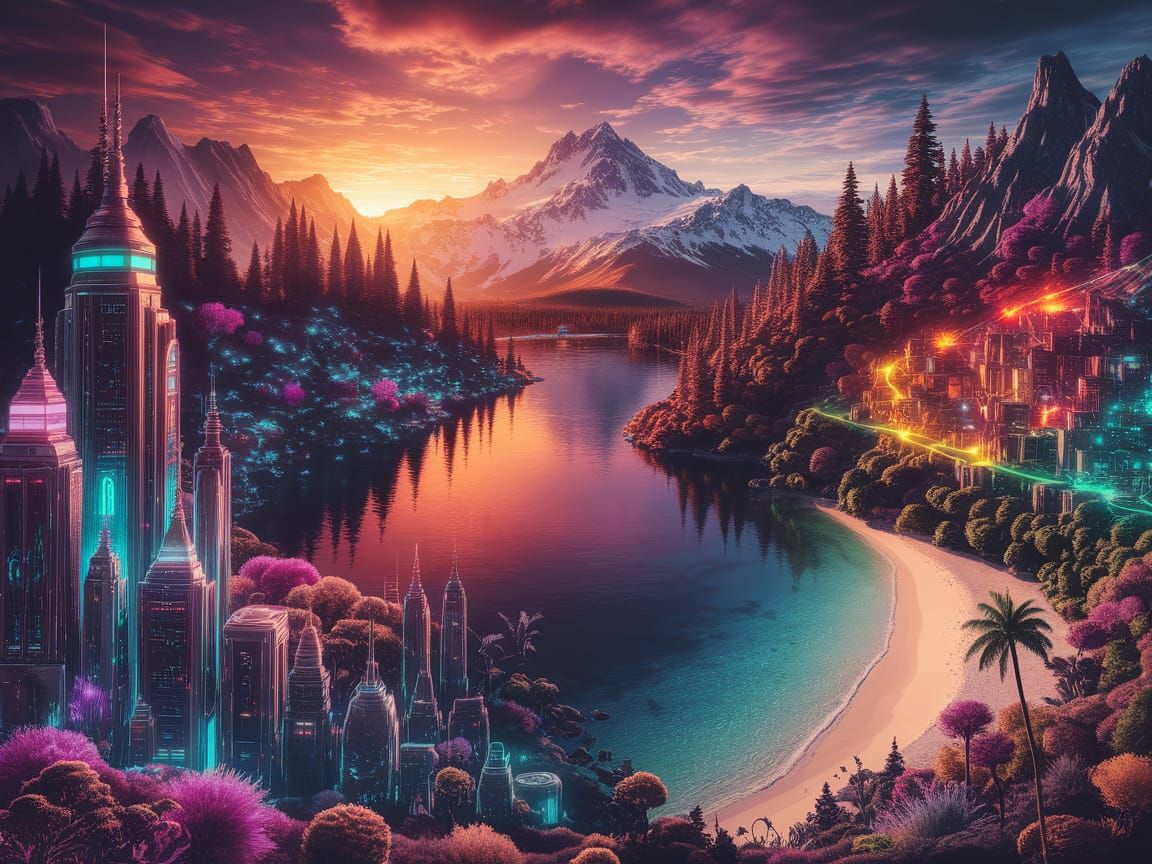Vibrant Cyberpunk Dreamscape with Nature and Fantasy