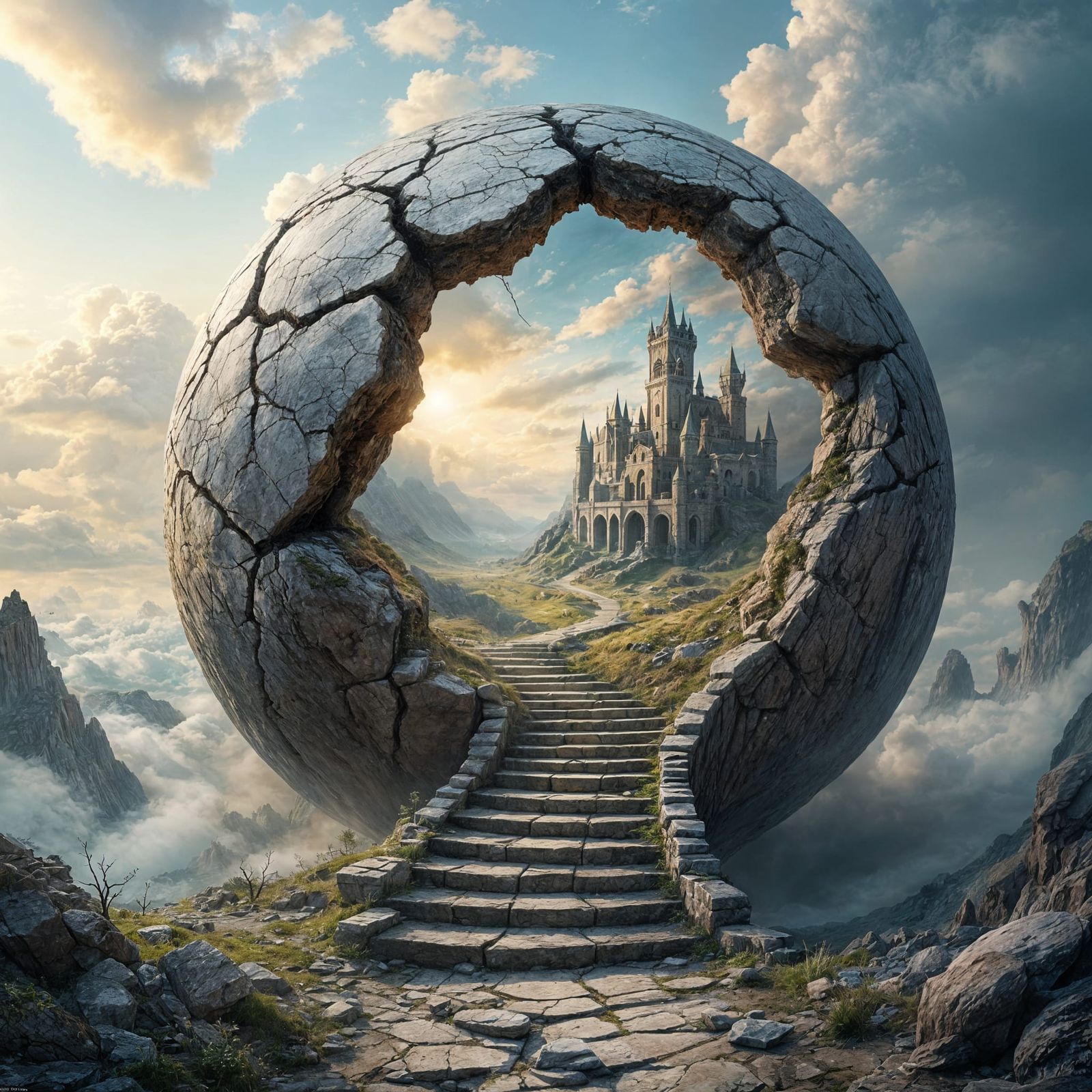 Surreal Fantasy Landscape with Cracked Stone Sphere